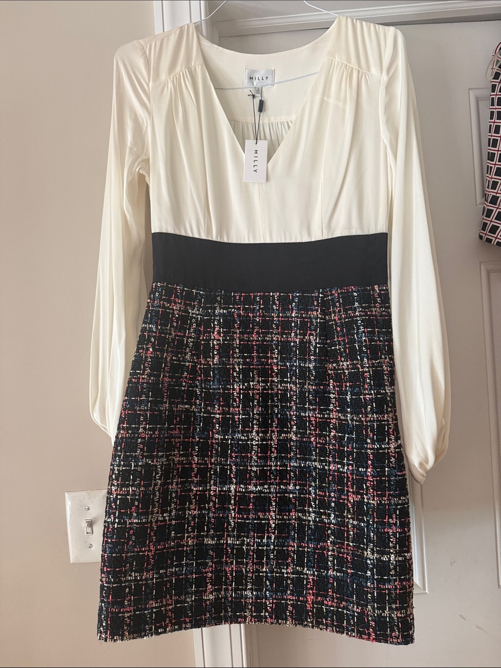 Milly Cream Bodice with Black Waist and Multicolor Tweed Skirt Dress